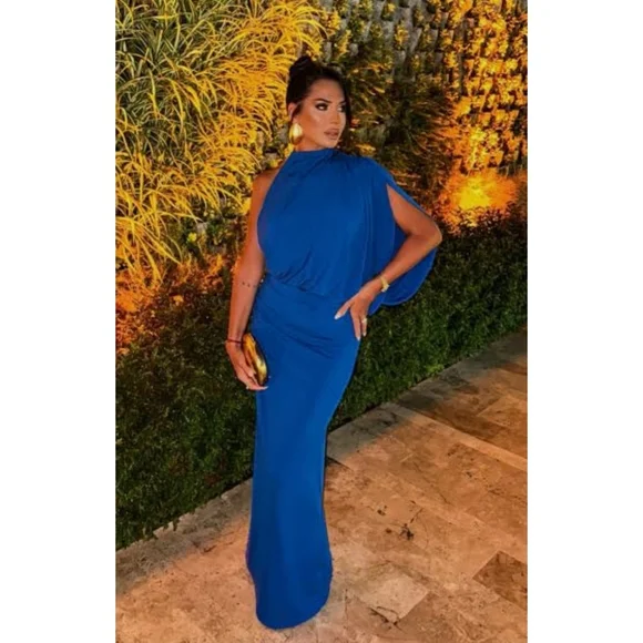 Zara Draped Cape Dress Maxi Blue NWT - Picture 2 of 16